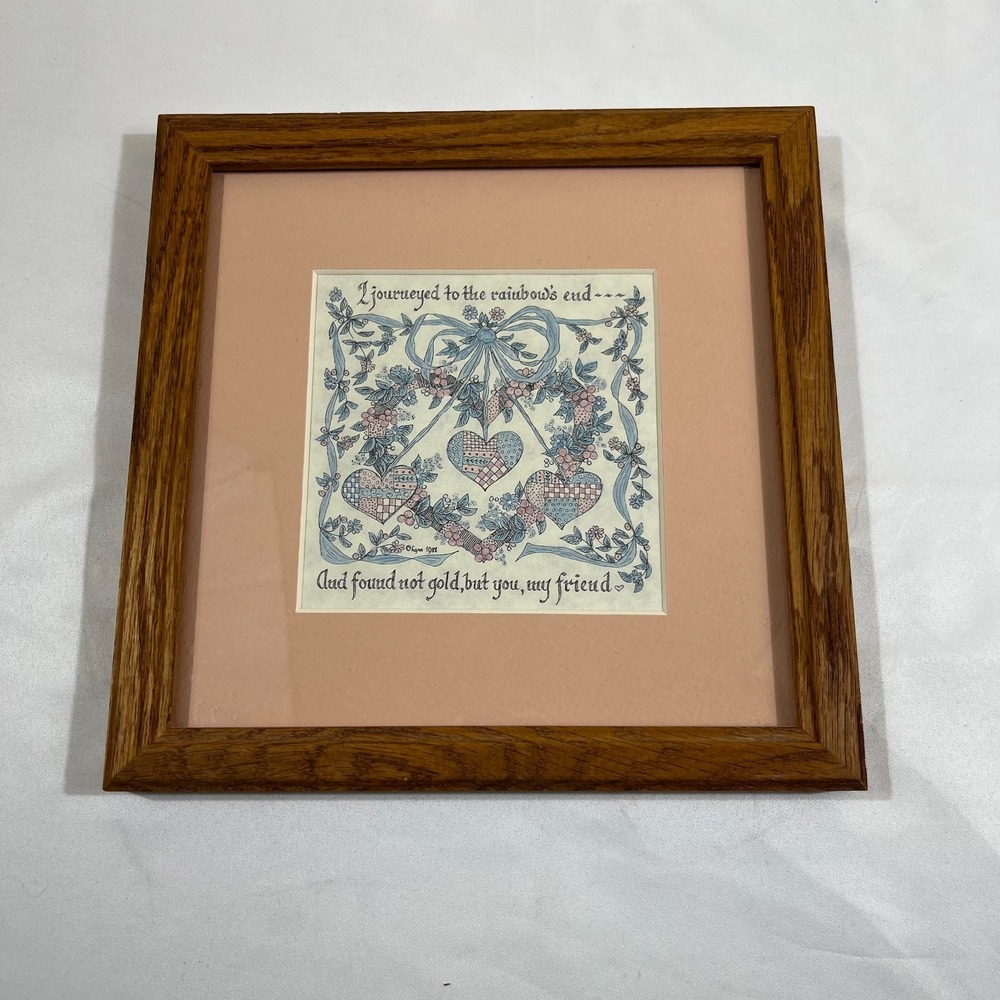 Vintage 1988 Creative Calligraphy Framed Art Rainbow Friendship Quote 9x9 Wood